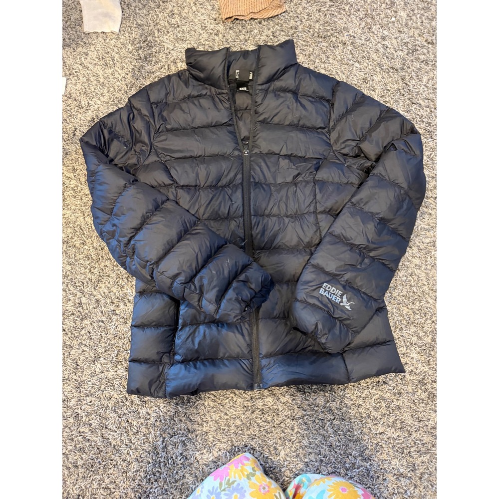 Eddie Bauer Women Black 650 Fill Down Puffer Jacket Small Full Zip Quilted Coat
